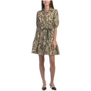 LEA Short Sleeve Tile Print Mini Dress With Belt